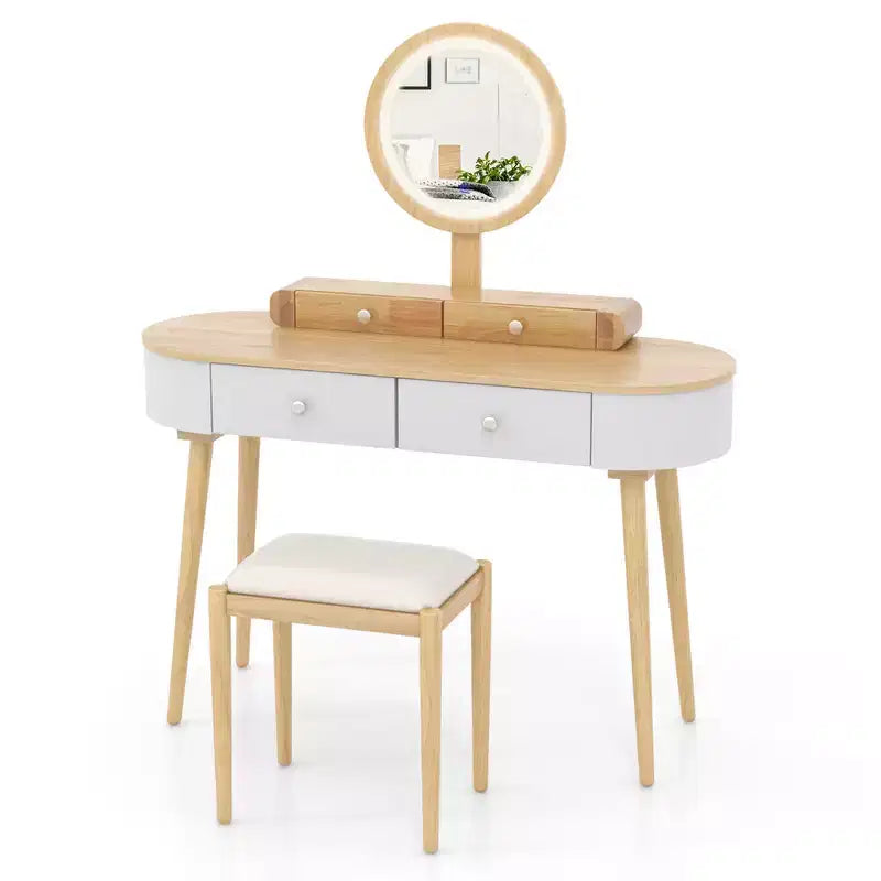 Costway Ensemble de coiffeuse en bois massif avec miroir lumineux LED, tiroirs et tabouret rembourré Blanc + Marron/Noir + Marron/Blanc + Noir/Blanc + Naturel