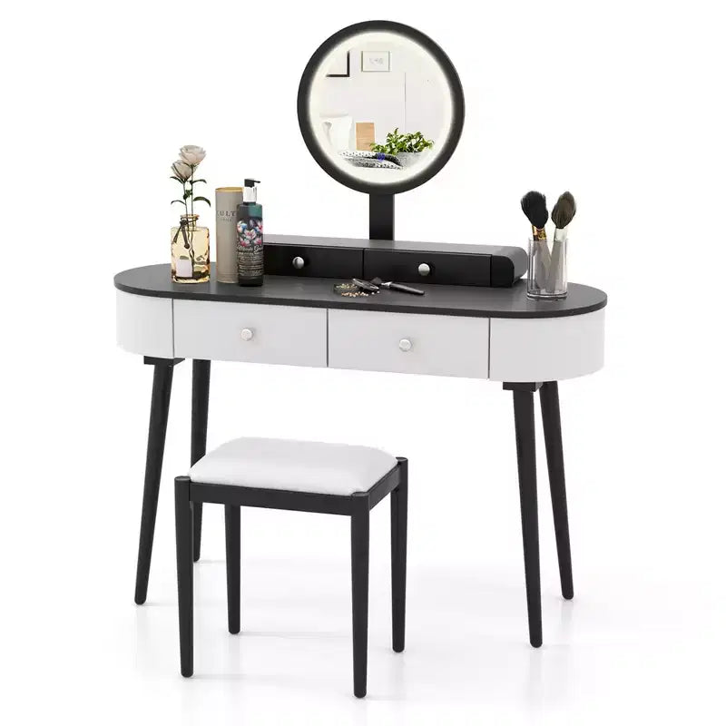 Costway Ensemble de coiffeuse en bois massif avec miroir lumineux LED, tiroirs et tabouret rembourré Blanc + Marron/Noir + Marron/Blanc + Noir/Blanc + Naturel