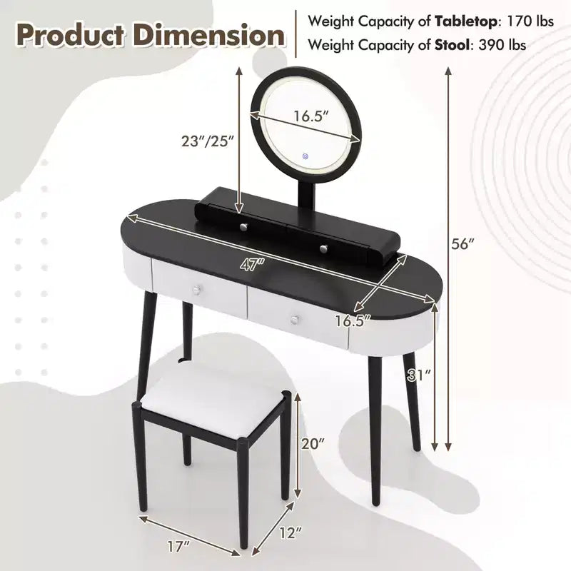 Costway Ensemble de coiffeuse en bois massif avec miroir lumineux LED, tiroirs et tabouret rembourré Blanc + Marron/Noir + Marron/Blanc + Noir/Blanc + Naturel