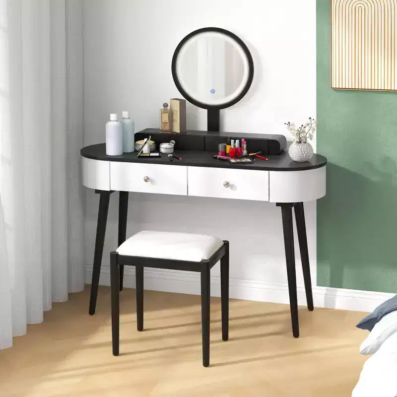 Costway Ensemble de coiffeuse en bois massif avec miroir lumineux LED, tiroirs et tabouret rembourré Blanc + Marron/Noir + Marron/Blanc + Noir/Blanc + Naturel