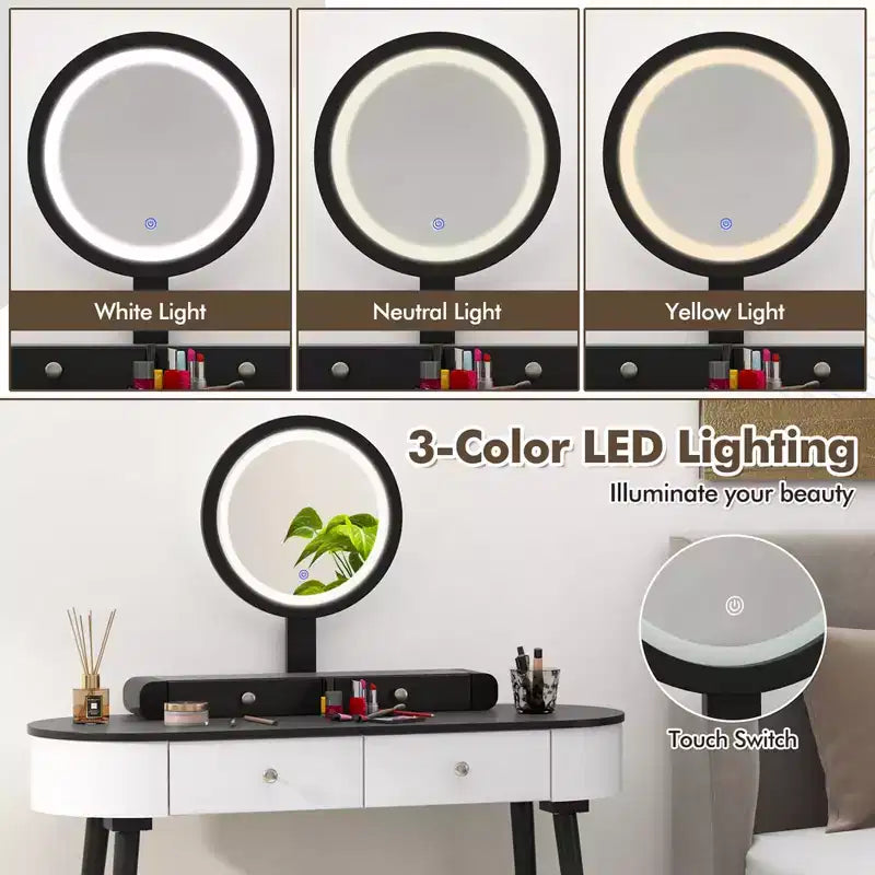 Costway Ensemble de coiffeuse en bois massif avec miroir lumineux LED, tiroirs et tabouret rembourré Blanc + Marron/Noir + Marron/Blanc + Noir/Blanc + Naturel