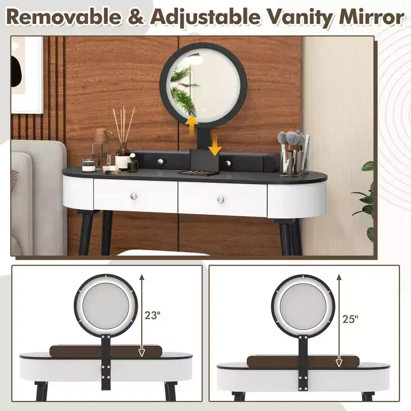 Costway Ensemble de coiffeuse en bois massif avec miroir lumineux LED, tiroirs et tabouret rembourré Blanc + Marron/Noir + Marron/Blanc + Noir/Blanc + Naturel