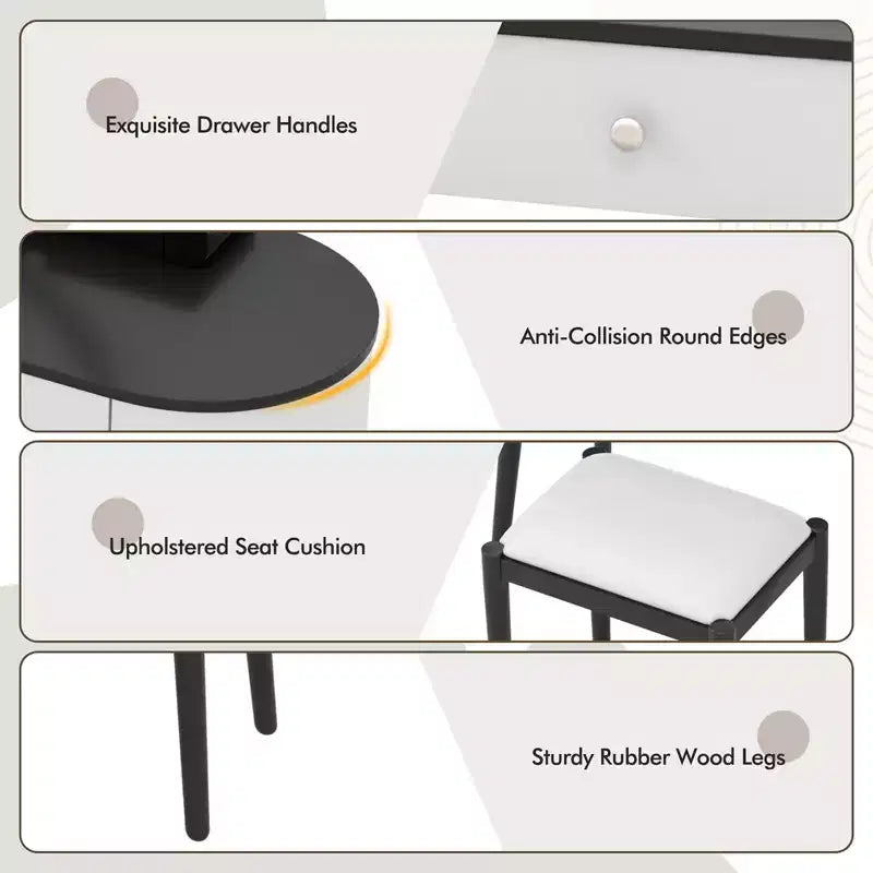 Costway Ensemble de coiffeuse en bois massif avec miroir lumineux LED, tiroirs et tabouret rembourré Blanc + Marron/Noir + Marron/Blanc + Noir/Blanc + Naturel