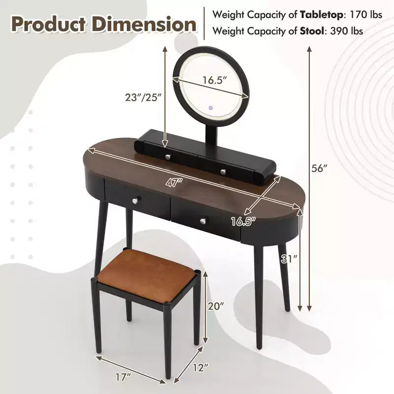Costway Ensemble de coiffeuse en bois massif avec miroir lumineux LED, tiroirs et tabouret rembourré Blanc + Marron/Noir + Marron/Blanc + Noir/Blanc + Naturel