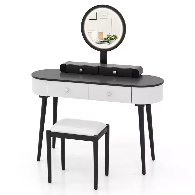 Costway Ensemble de coiffeuse en bois massif avec miroir lumineux LED, tiroirs et tabouret rembourré Blanc + Marron/Noir + Marron/Blanc + Noir/Blanc + Naturel