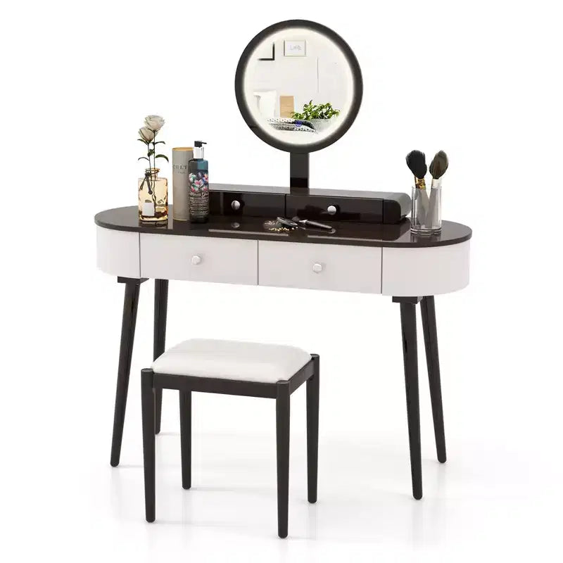 Costway Ensemble de coiffeuse en bois massif avec miroir lumineux LED, tiroirs et tabouret rembourré Blanc + Marron/Noir + Marron/Blanc + Noir/Blanc + Naturel