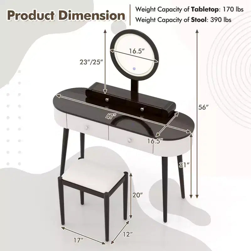 Costway Ensemble de coiffeuse en bois massif avec miroir lumineux LED, tiroirs et tabouret rembourré Blanc + Marron/Noir + Marron/Blanc + Noir/Blanc + Naturel