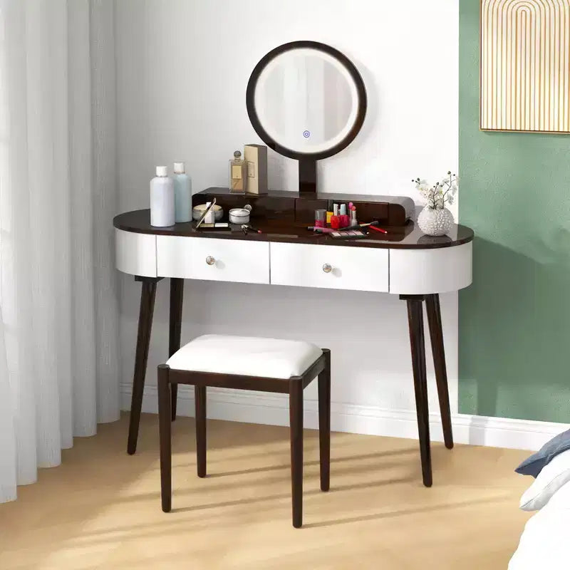 Costway Ensemble de coiffeuse en bois massif avec miroir lumineux LED, tiroirs et tabouret rembourré Blanc + Marron/Noir + Marron/Blanc + Noir/Blanc + Naturel