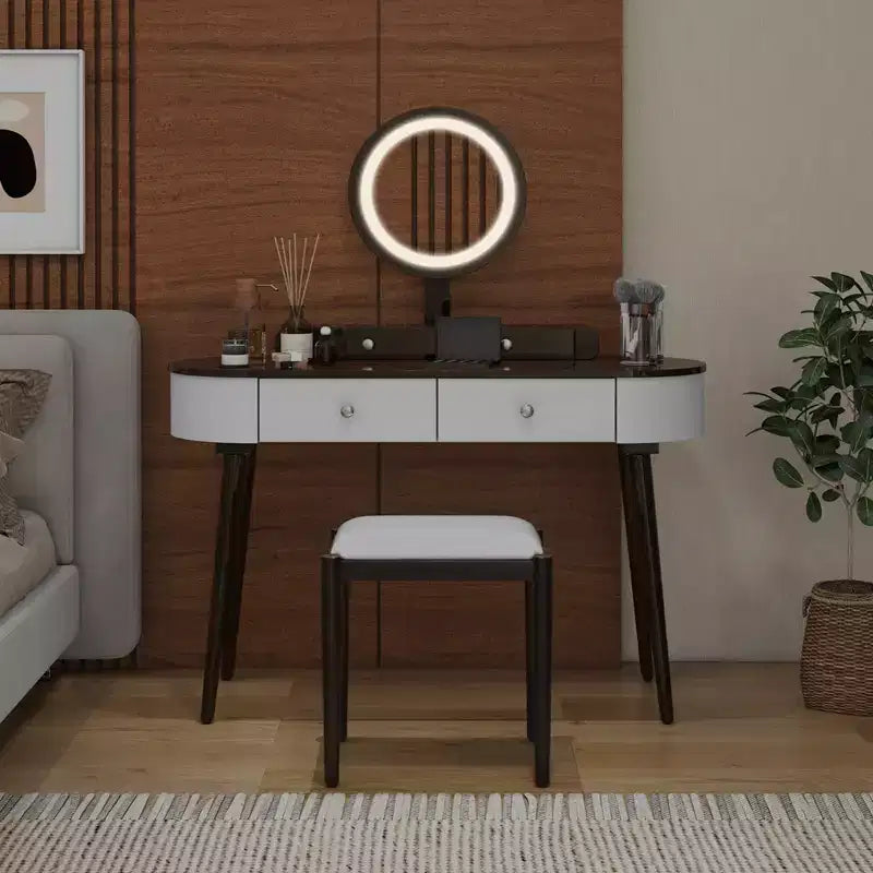 Costway Ensemble de coiffeuse en bois massif avec miroir lumineux LED, tiroirs et tabouret rembourré Blanc + Marron/Noir + Marron/Blanc + Noir/Blanc + Naturel