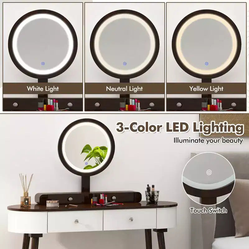 Costway Ensemble de coiffeuse en bois massif avec miroir lumineux LED, tiroirs et tabouret rembourré Blanc + Marron/Noir + Marron/Blanc + Noir/Blanc + Naturel