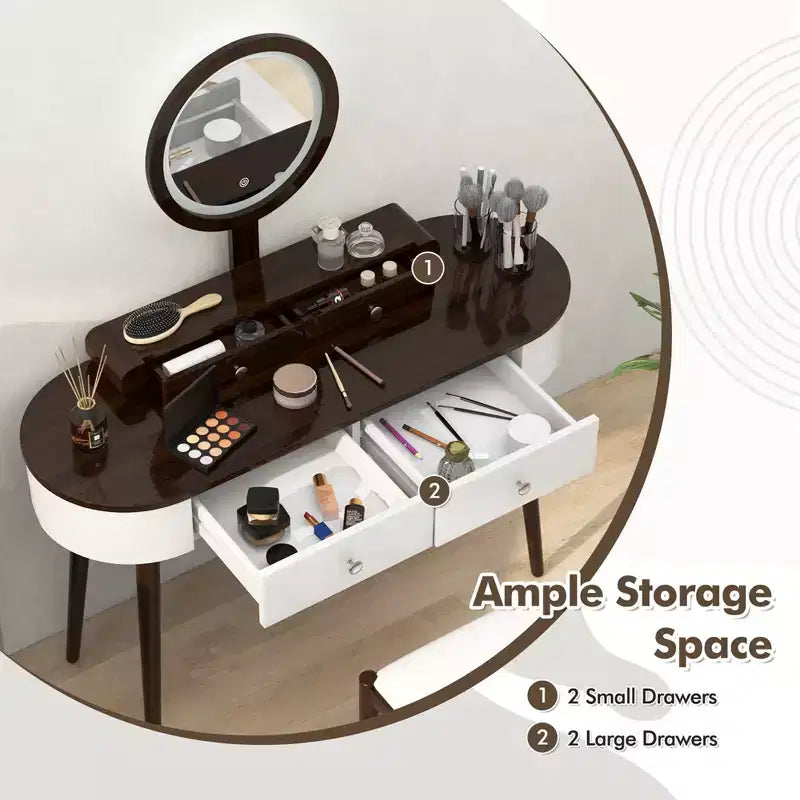 Costway Ensemble de coiffeuse en bois massif avec miroir lumineux LED, tiroirs et tabouret rembourré Blanc + Marron/Noir + Marron/Blanc + Noir/Blanc + Naturel