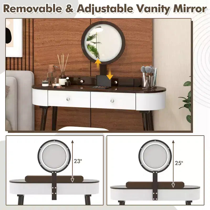 Costway Ensemble de coiffeuse en bois massif avec miroir lumineux LED, tiroirs et tabouret rembourré Blanc + Marron/Noir + Marron/Blanc + Noir/Blanc + Naturel