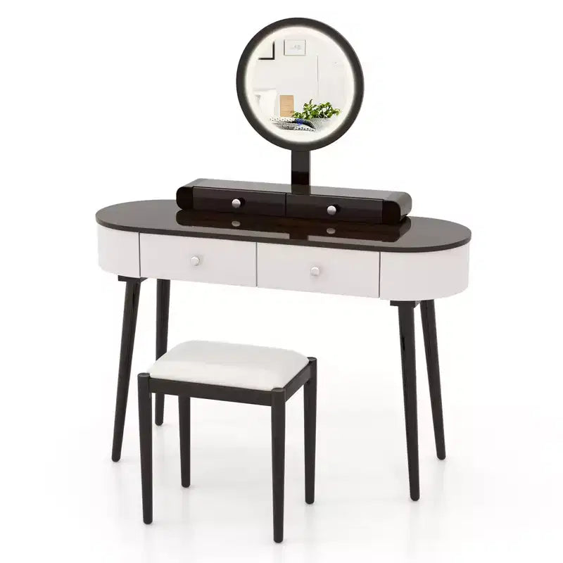 Costway Ensemble de coiffeuse en bois massif avec miroir lumineux LED, tiroirs et tabouret rembourré Blanc + Marron/Noir + Marron/Blanc + Noir/Blanc + Naturel