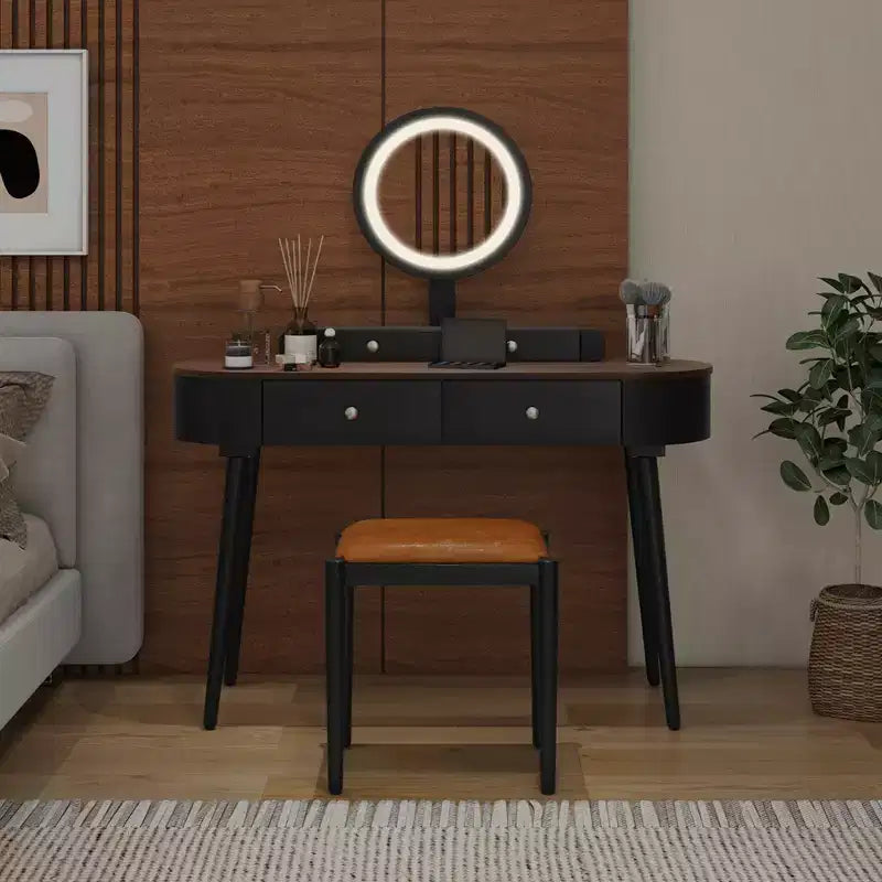 Costway Ensemble de coiffeuse en bois massif avec miroir lumineux LED, tiroirs et tabouret rembourré Blanc + Marron/Noir + Marron/Blanc + Noir/Blanc + Naturel
