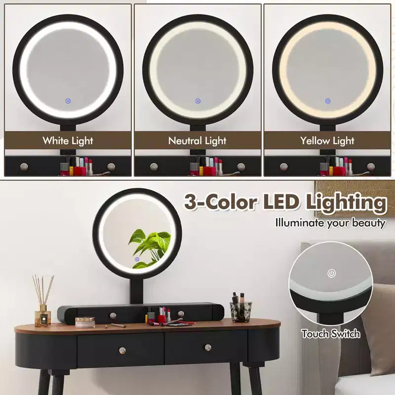 Costway Ensemble de coiffeuse en bois massif avec miroir lumineux LED, tiroirs et tabouret rembourré Blanc + Marron/Noir + Marron/Blanc + Noir/Blanc + Naturel