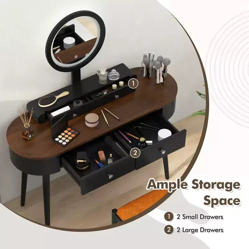 Costway Ensemble de coiffeuse en bois massif avec miroir lumineux LED, tiroirs et tabouret rembourré Blanc + Marron/Noir + Marron/Blanc + Noir/Blanc + Naturel