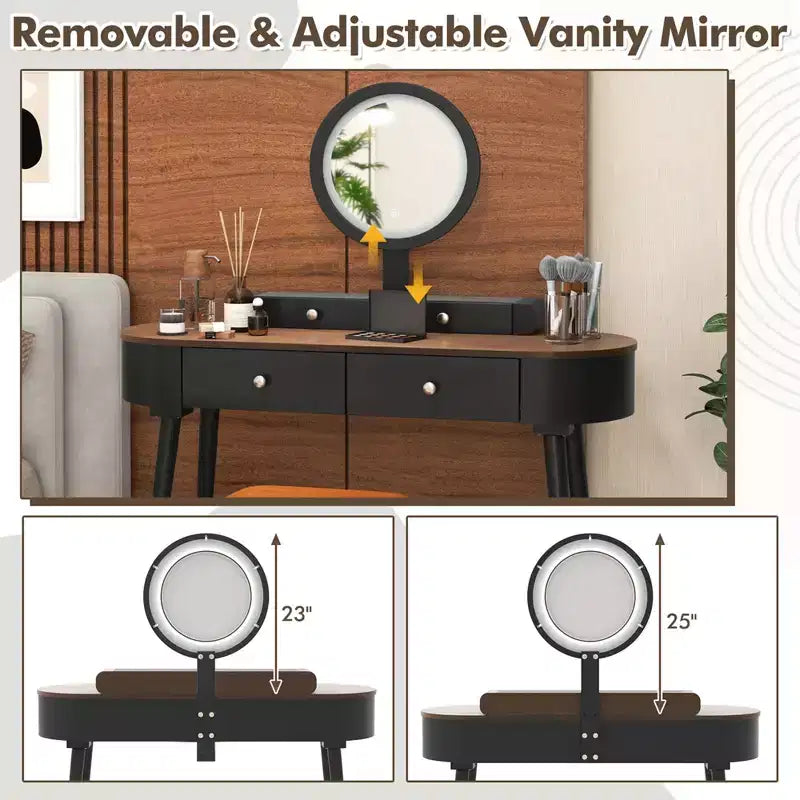Costway Ensemble de coiffeuse en bois massif avec miroir lumineux LED, tiroirs et tabouret rembourré Blanc + Marron/Noir + Marron/Blanc + Noir/Blanc + Naturel