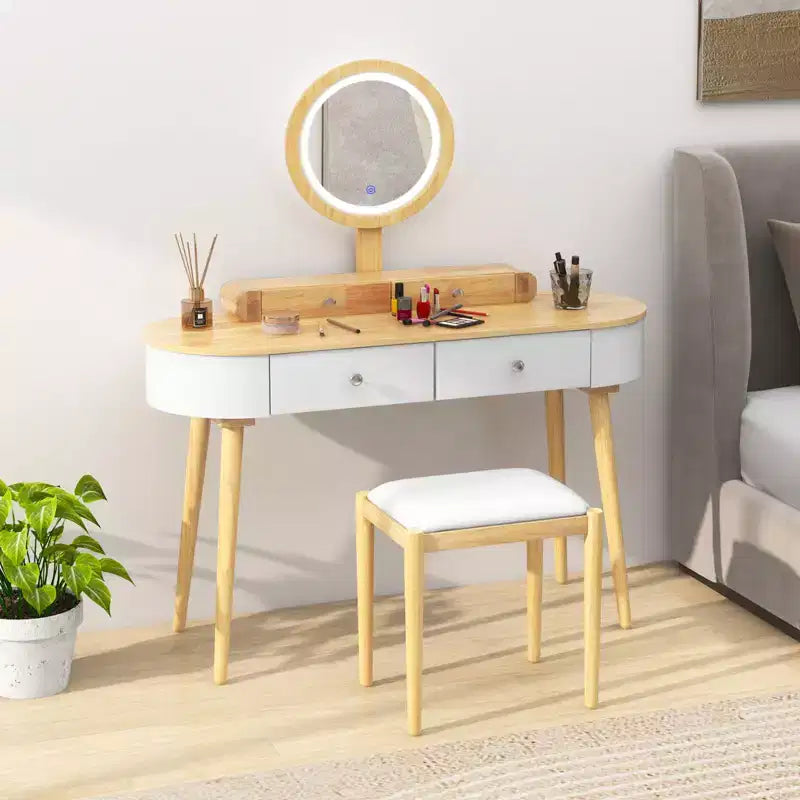 Costway Ensemble de coiffeuse en bois massif avec miroir lumineux LED, tiroirs et tabouret rembourré Blanc + Marron/Noir + Marron/Blanc + Noir/Blanc + Naturel