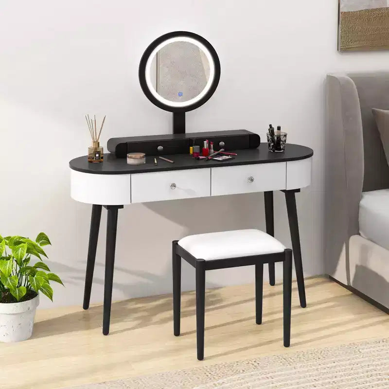 Costway Ensemble de coiffeuse en bois massif avec miroir lumineux LED, tiroirs et tabouret rembourré Blanc + Marron/Noir + Marron/Blanc + Noir/Blanc + Naturel