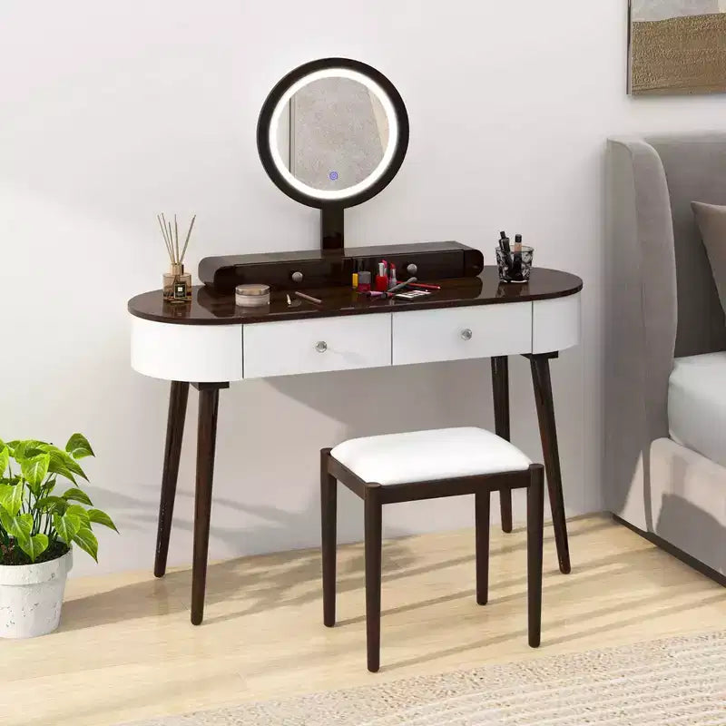 Costway Ensemble de coiffeuse en bois massif avec miroir lumineux LED, tiroirs et tabouret rembourré Blanc + Marron/Noir + Marron/Blanc + Noir/Blanc + Naturel