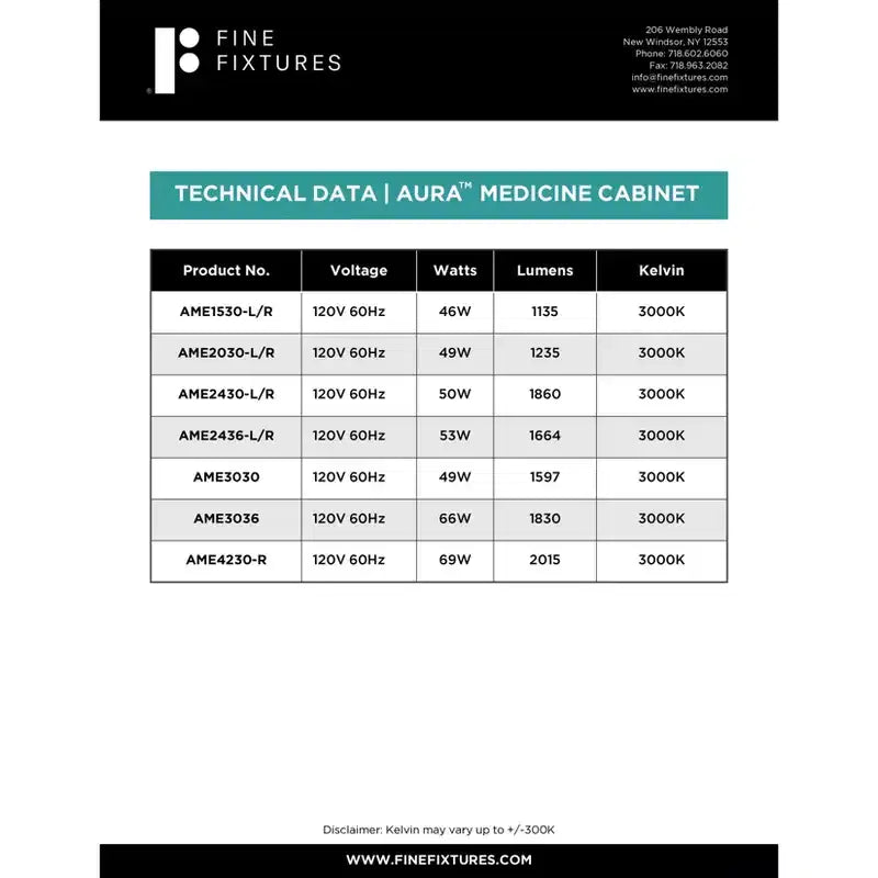 Armoire de toilette intelligente Fine Fixtures, aluminium, encastrée/en surface