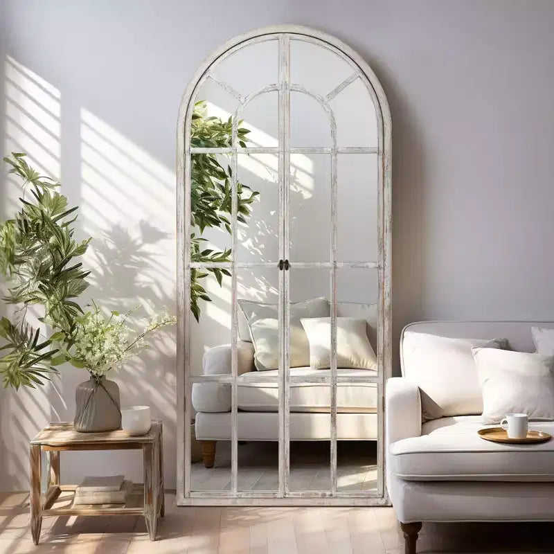 Dovelina Miroir sur pied décoratif en bois avec fenêtre cintrée