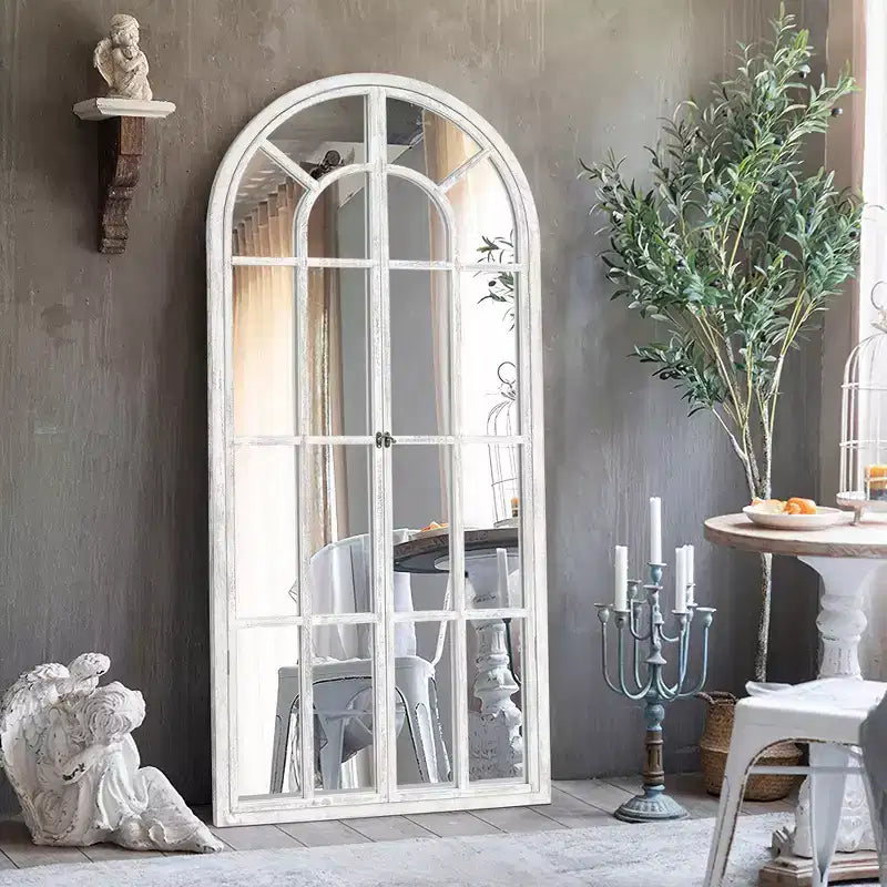 Dovelina Miroir sur pied décoratif en bois avec fenêtre cintrée