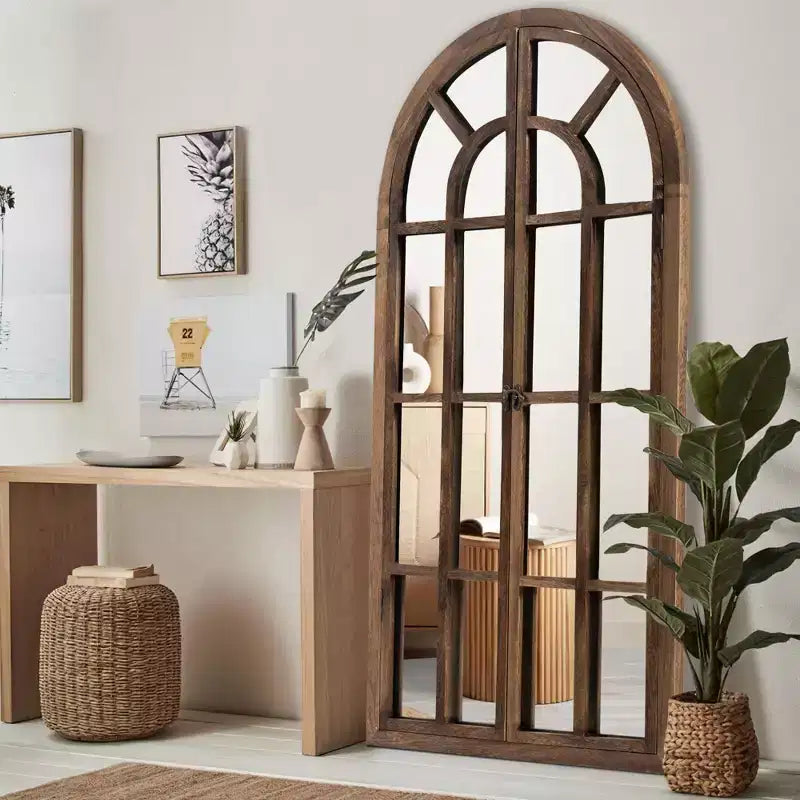 Dovelina Miroir sur pied décoratif en bois avec fenêtre cintrée