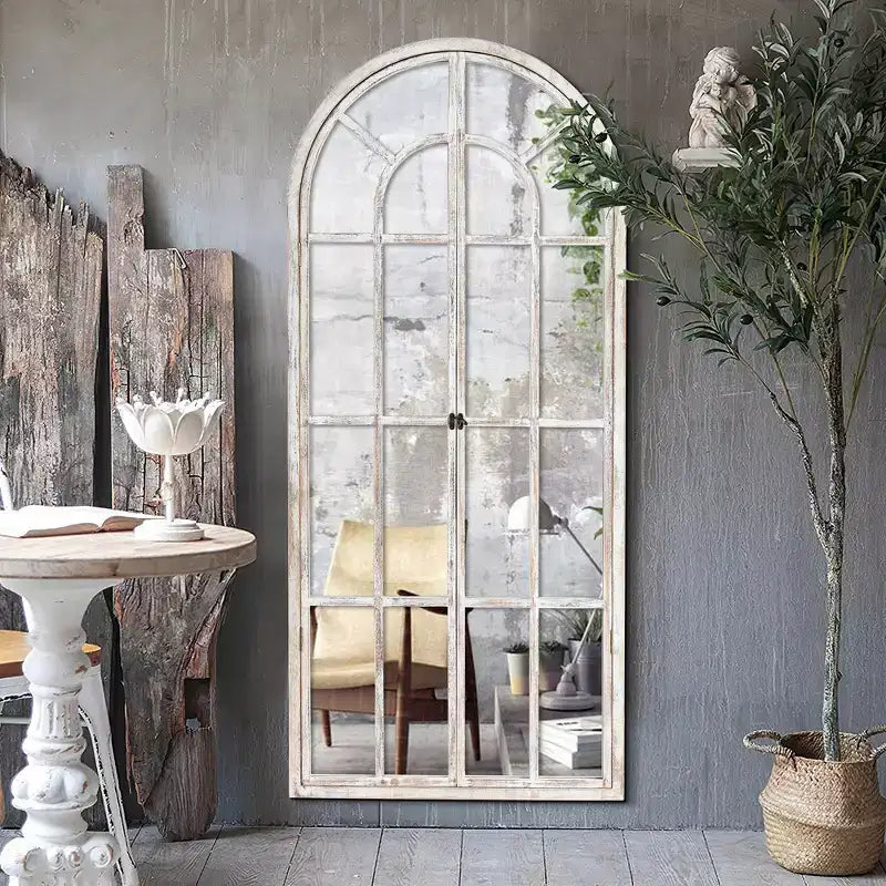 Dovelina Miroir sur pied décoratif en bois avec fenêtre cintrée