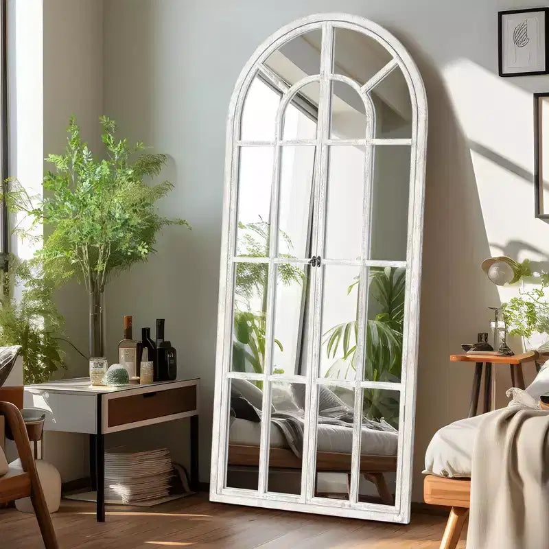 Dovelina Miroir sur pied décoratif en bois avec fenêtre cintrée
