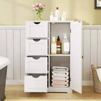 Meuble de salle de bain Costway en bois à 4 tiroirs, armoire de rangement au sol, 2 étagères, autoportant, blanc/marron/gris/noir
