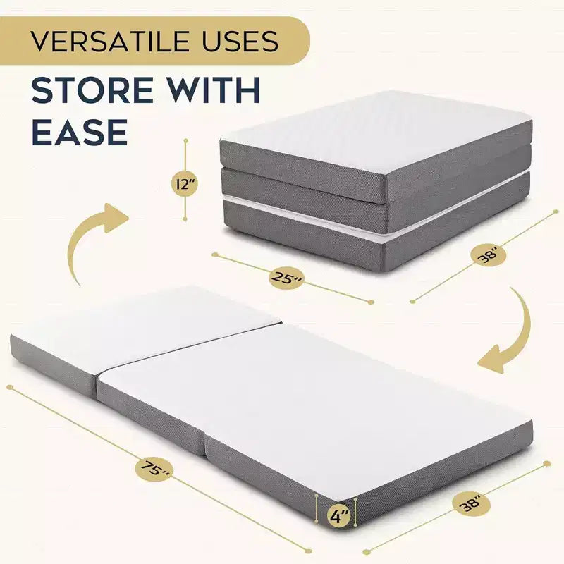 Matelas pliant portable Contour Comfort Queen de 4 pouces d'épaisseur avec couche de mousse à mémoire de forme et housse lavable | Base antidérapante parfaite pour lit d'invité - Blanc