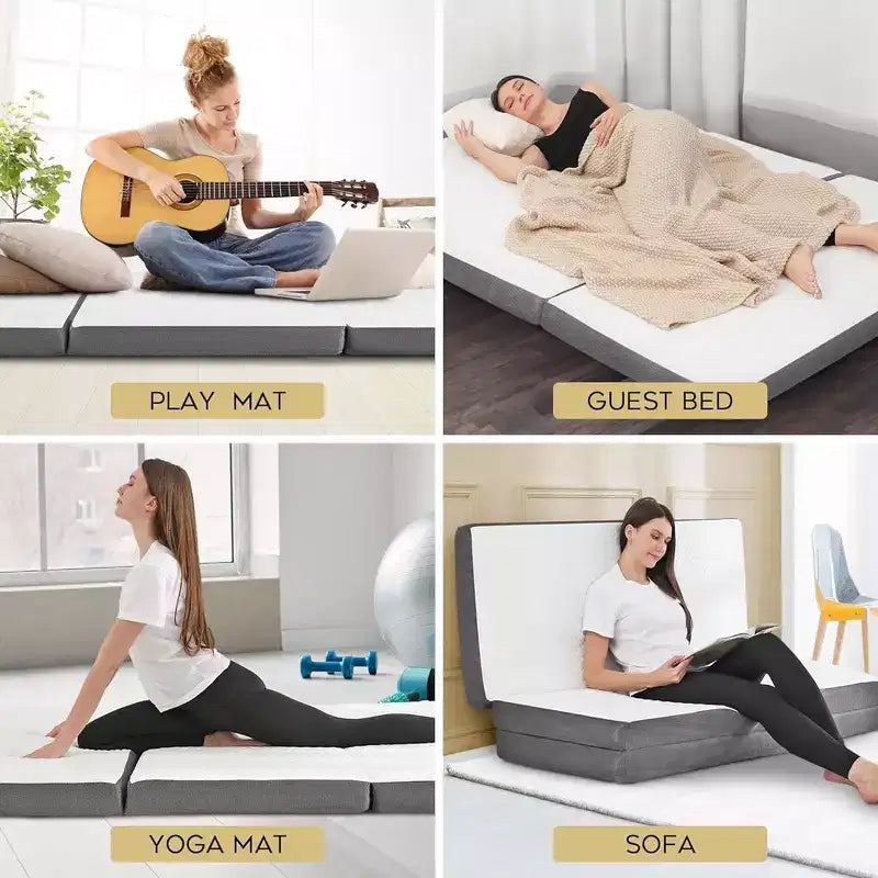 Matelas pliant portable Contour Comfort Queen de 4 pouces d'épaisseur avec couche de mousse à mémoire de forme et housse lavable | Base antidérapante parfaite pour lit d'invité - Blanc