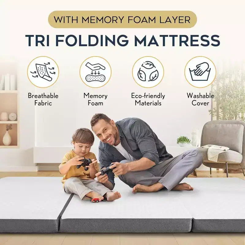Matelas pliant portable Contour Comfort Queen de 4 pouces d'épaisseur avec couche de mousse à mémoire de forme et housse lavable | Base antidérapante parfaite pour lit d'invité - Blanc