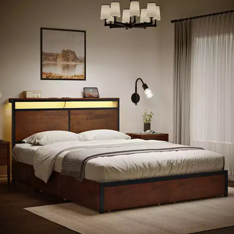 Cadre de lit moderne Hausource avec tête de lit LED, 4 tiroirs de rangement, sommier tapissier non requis
