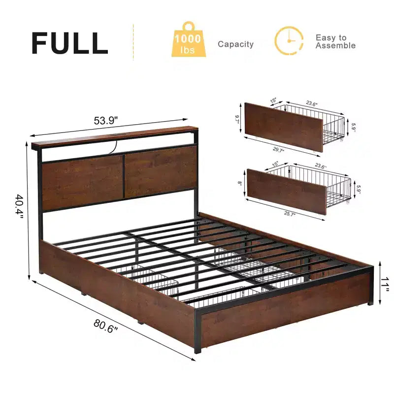 Cadre de lit moderne Hausource avec tête de lit LED, 4 tiroirs de rangement, sommier tapissier non requis