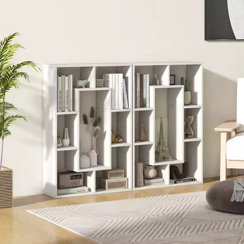 Costway Lot de 2 bibliothèques géométriques à 7 cubes avec dispositif anti-basculement, bibliothèque ouverte moderne Blanc/Gris/Naturel
