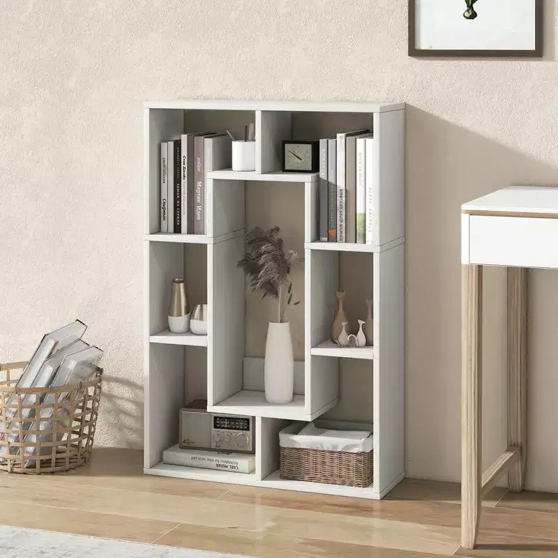 Costway Lot de 2 bibliothèques géométriques à 7 cubes avec dispositif anti-basculement, bibliothèque ouverte moderne Blanc/Gris/Naturel