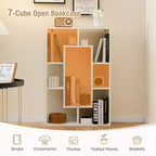 Costway Lot de 2 bibliothèques géométriques à 7 cubes avec dispositif anti-basculement, bibliothèque ouverte moderne Blanc/Gris/Naturel