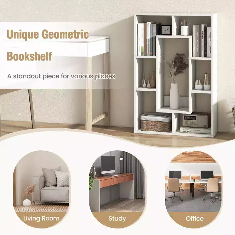 Costway Lot de 2 bibliothèques géométriques à 7 cubes avec dispositif anti-basculement, bibliothèque ouverte moderne Blanc/Gris/Naturel