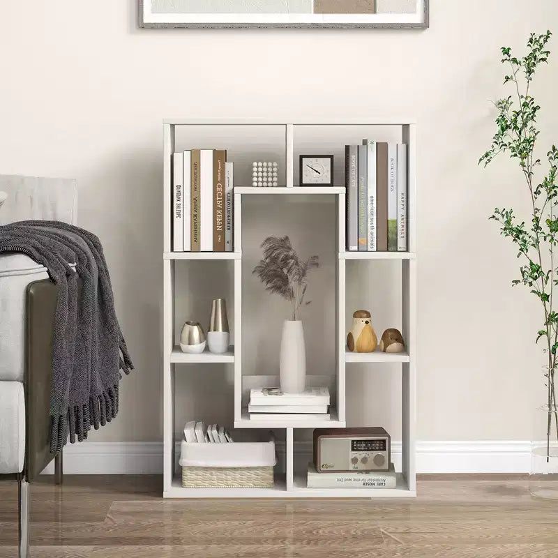 Costway Lot de 2 bibliothèques géométriques à 7 cubes avec dispositif anti-basculement, bibliothèque ouverte moderne Blanc/Gris/Naturel