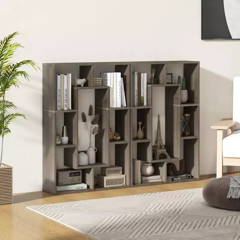 Costway Lot de 2 bibliothèques géométriques à 7 cubes avec dispositif anti-basculement, bibliothèque ouverte moderne Blanc/Gris/Naturel