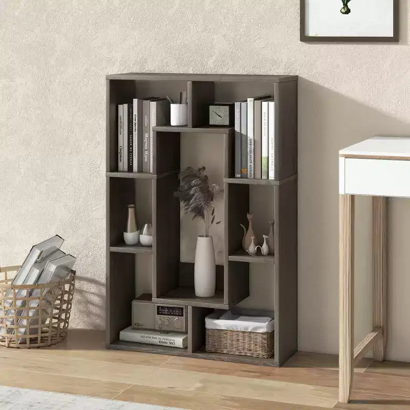 Costway Lot de 2 bibliothèques géométriques à 7 cubes avec dispositif anti-basculement, bibliothèque ouverte moderne Blanc/Gris/Naturel