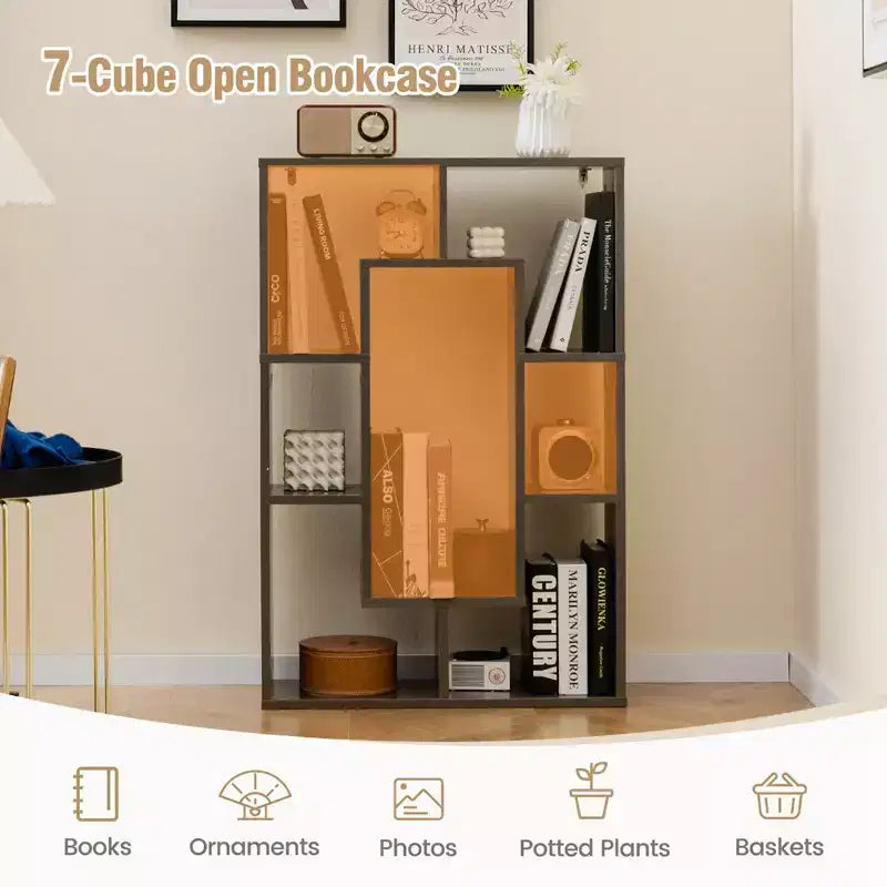 Costway Lot de 2 bibliothèques géométriques à 7 cubes avec dispositif anti-basculement, bibliothèque ouverte moderne Blanc/Gris/Naturel