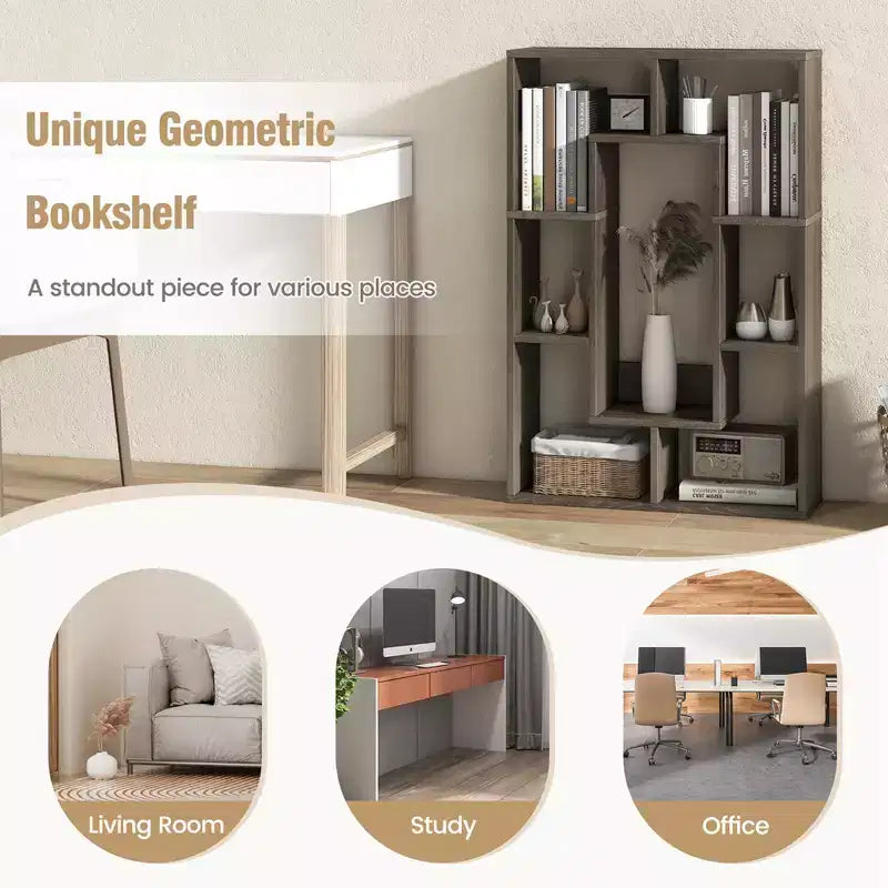 Costway Lot de 2 bibliothèques géométriques à 7 cubes avec dispositif anti-basculement, bibliothèque ouverte moderne Blanc/Gris/Naturel