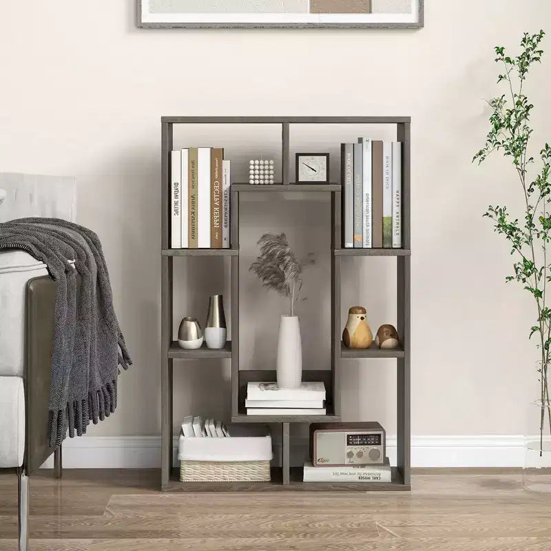 Costway Lot de 2 bibliothèques géométriques à 7 cubes avec dispositif anti-basculement, bibliothèque ouverte moderne Blanc/Gris/Naturel