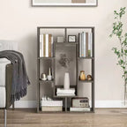Costway Lot de 2 bibliothèques géométriques à 7 cubes avec dispositif anti-basculement, bibliothèque ouverte moderne Blanc/Gris/Naturel