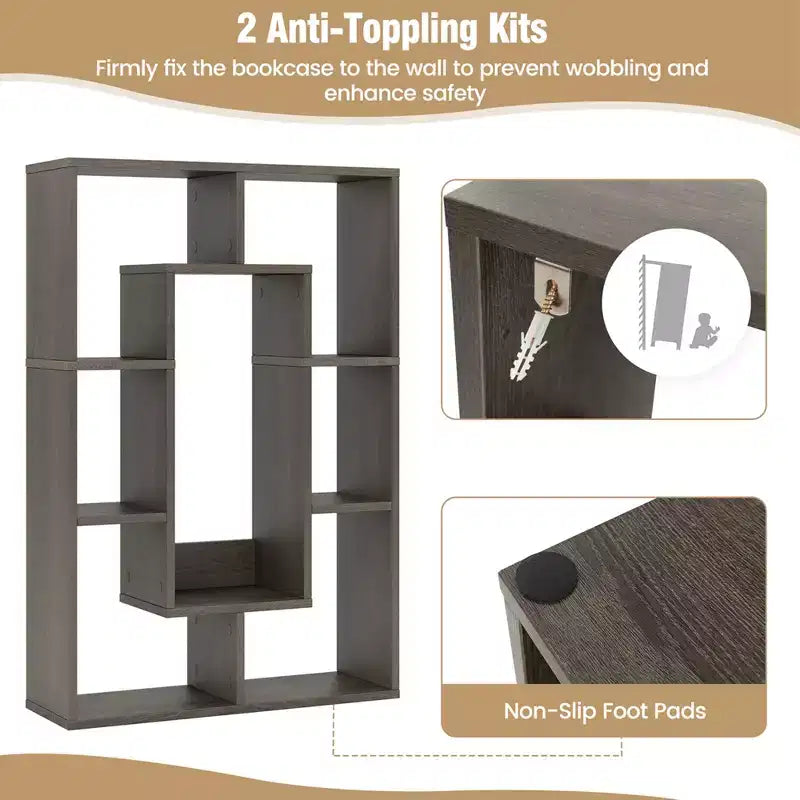 Costway Lot de 2 bibliothèques géométriques à 7 cubes avec dispositif anti-basculement, bibliothèque ouverte moderne Blanc/Gris/Naturel