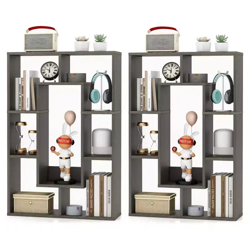 Costway 2 PCS 7-Cube Geometric Bookshelf with Anti-Toppling Device Modern Open Bookcase White/Grey/Natural