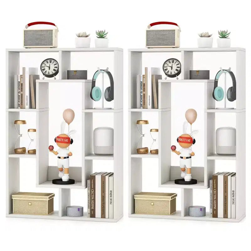 Costway Lot de 2 bibliothèques géométriques à 7 cubes avec dispositif anti-basculement, bibliothèque ouverte moderne Blanc/Gris/Naturel